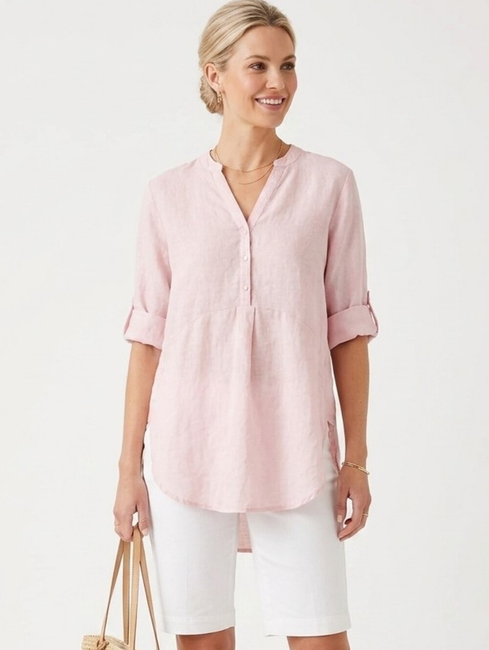 FOIL Womens Pink 100% Linen V-Neck Button Down Shirt Blouse Size 10 Relaxed Fit